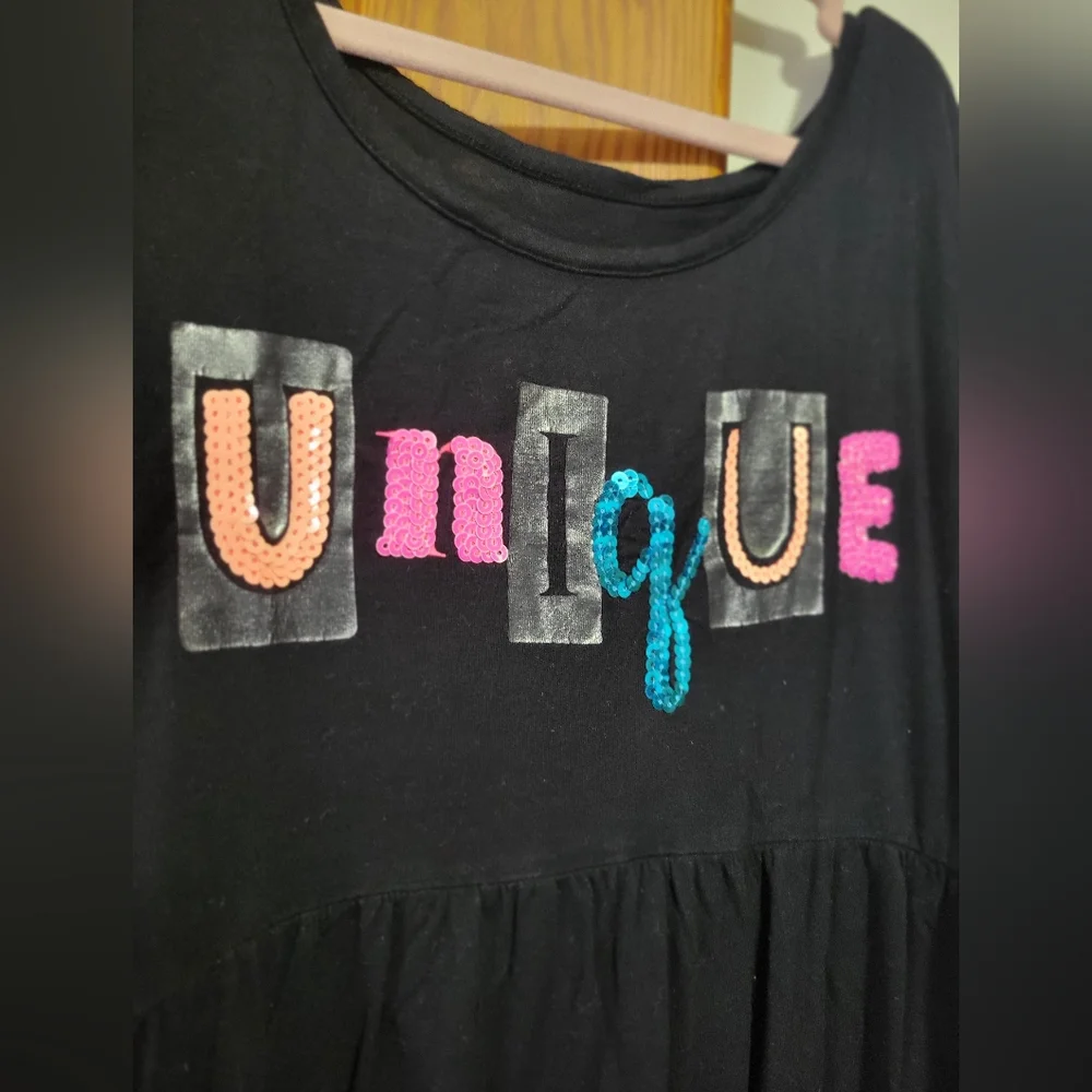 Justice Girls Black 'Unique' Short Sleeve Tunic Top with Colorful Sequin Letters